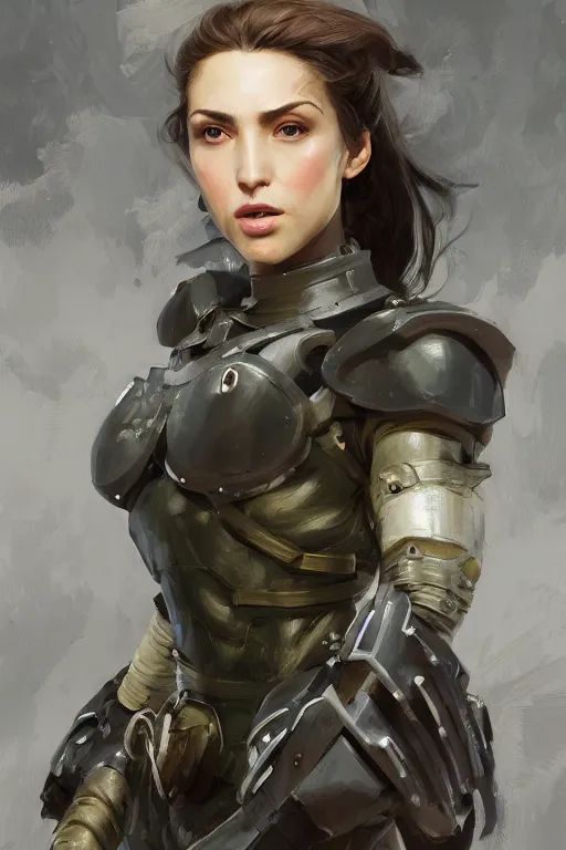 Image similar to a professionally painted portrait of an attractive young woman, clothed in military armor, olive skin, long dark hair, beautiful bone structure, symmetrical facial features, intricate, elegant, digital painting, trending on Artstation, concept art, smooth, sharp focus, illustration, from Metal Gear by Ruan Jia and Mandy Jurgens and Artgerm and William-Adolphe Bouguerea, award winning