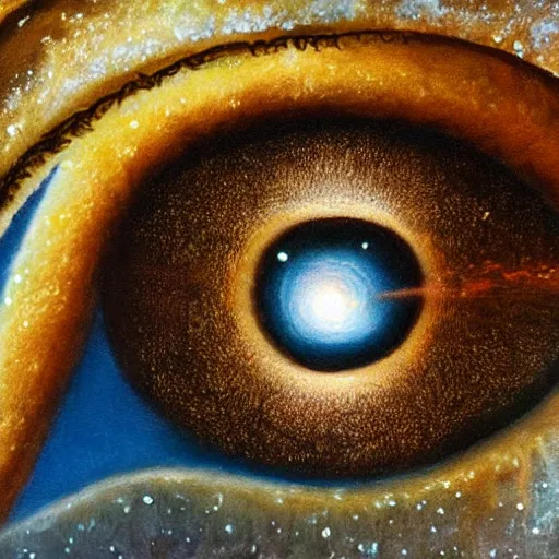 Image similar to a highly detailed photorealistic painting of a human eye reflecting the milky way galaxy