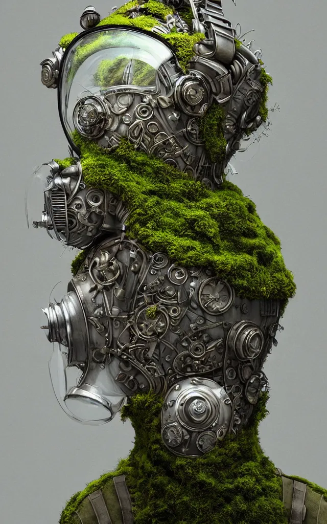 Prompt: 3 d close - up portrait of the retro futuristic robot in vintage gas mask in midsommar style clothes and crown overgrown with moss and giant orchid flowers and giant gladiola flowers, intricate, elegant, surrounded by smoke and burning. translucent nautilus, highly detailed, by wlop, tooth wu, greg rutkowski, alena aenami