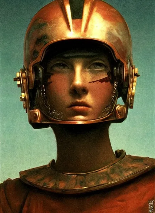 Prompt: beautiful extreme closeup portrait photo in style of frontiers in scratched! Helmet of Emperor Charles V the Wise, faint faint turquoise and copper luster , narcotic beautiful mature!! sexy glance, crying makeup, bite her lip, dense red smoke, science fashion magazine September retrofuturism edition, highly detailed, soft lighting, elegant , soft lighting, 85mm, Edward Hopper and James Gilleard, Zdzislaw Beksinski, Steven Outram