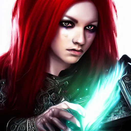 Prompt: beautiful female sorceress, dungeons and Dragons, red hair, glowing eyes, realistic