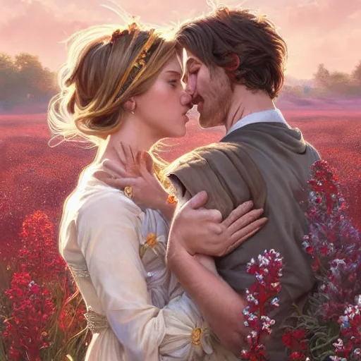 Prompt: a blonde guy and woman with brown hair hugging each other in a flower field at sundown, D&D, fantasy, intricate, elegant, highly detailed, digital painting, artstation, concept art, matte, sharp focus, illustration, hearthstone, art by Artgerm and Greg Rutkowski and Alphonse Mucha