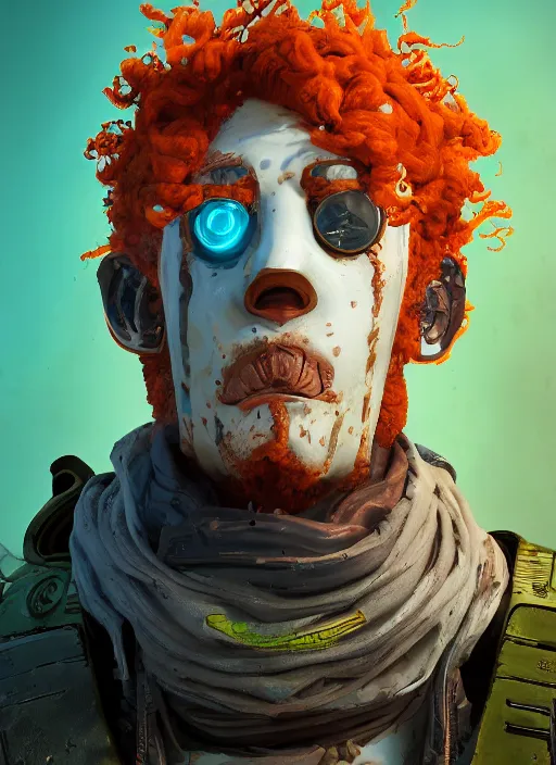 Prompt: lunarpunk portrait of curly orange hair man from borderlands 3, au naturel, hyper detailed, digital art, trending in artstation, cinematic lighting, studio quality, smooth render, unreal engine 5 rendered, octane rendered, art style by klimt and nixeu and ian sprigger and wlop and krenz cushart.