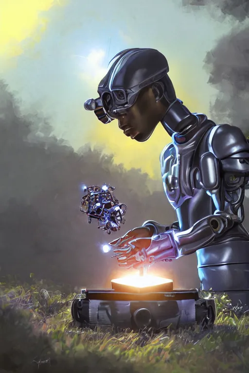 Image similar to a black kid fixing his futuristic robot in the nature, mixing solarpunk, afropunk ( ( ( ( volumetric light ) ) ) ), high angle, part by pearl fryar, part by prince damah, sunny day, trending on artstation, cinematic view, illustration, painting, realisticr