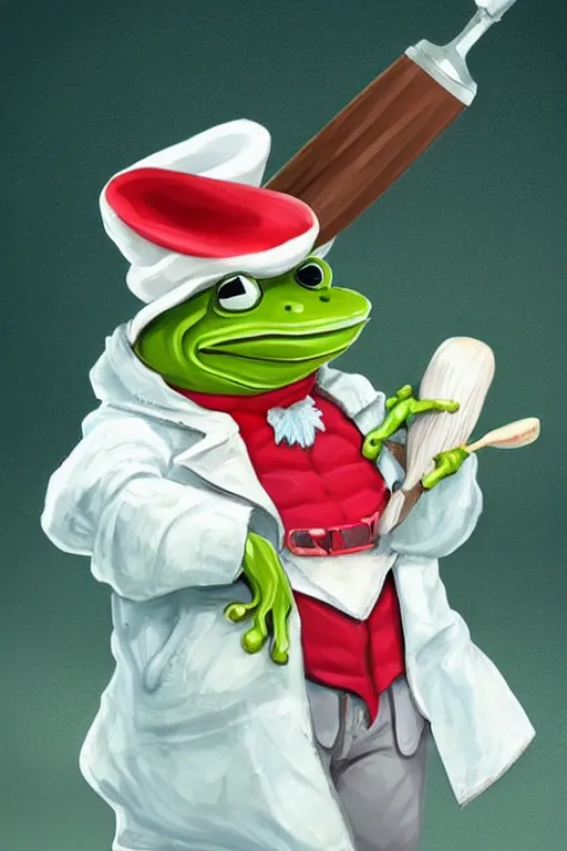 Image similar to cute anthropomorphic frog wearing a white butcher coat with a white butcher hat and holding a cleaver, cutting a wipe red watermelon, tiny, small, miniature frog, baby animal, short, pale blue armor, cute and adorable, pretty, beautiful, DnD character art portrait, matte fantasy painting, cgsociety Artstation, by Jason Felix by Steve Argyle by Tyler Jacobson by Peter Mohrbacher, cinematic lighting
