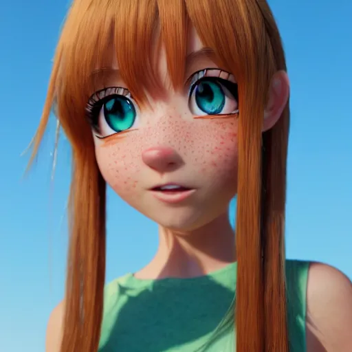 Prompt: Render of a very beautiful 3d anime girl, long hair, hazel eyes, cute freckles, full round face, short smile, cute sundress, golden hour, ice age setting, medium shot, mid-shot, highly detailed, trending on Artstation, Unreal Engine 4k