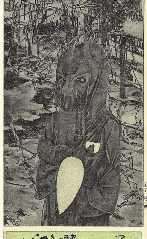 Prompt: by akio watanabe, manga art, a man masked as tengu sitting, very long nose, abandoned japaense village, trading card front