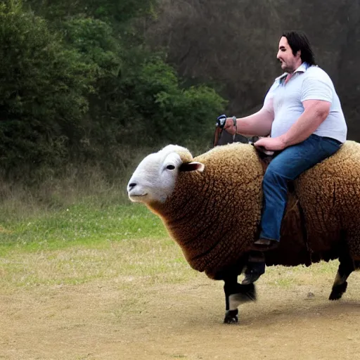 Image similar to morbidly obese keanu reeves riding a texel sheep, photo, detailed, 4 k