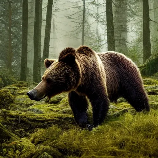 Image similar to a large grizzly bear lovecraftian monster running quickly through a woodland, magical forest, fantasy, Ireland, England, king Arthur, Lord of the rings, cinematic, realistic style, beautiful, majestic, dramatic lighting, early morning, dawn CGsociety, realistic, hyper maximalist, golden ratio, octane render, rule of thirds, wide shot , 8k resolution, epic volumetric light, cinematography, concept art, Artstation trending, environments, fantasy