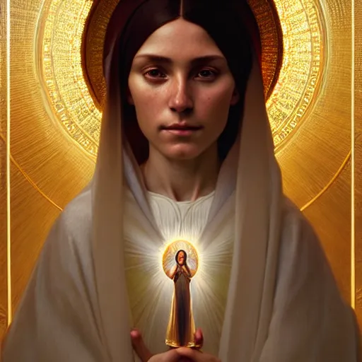 Image similar to portrait painting of a our lady of fatima, ultra realistic, concept art, intricate details, highly detailed, photorealistic, octane render, 8 k, unreal engine. art by artgerm and greg rutkowski and magali villeneuve and alphonse mucha