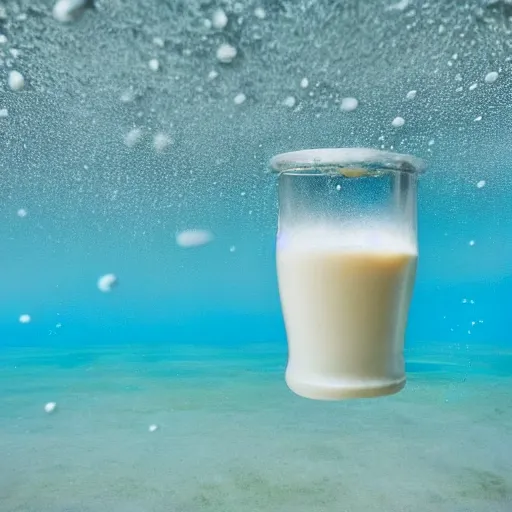 Prompt: powdered milk in the ocean, underwater photography