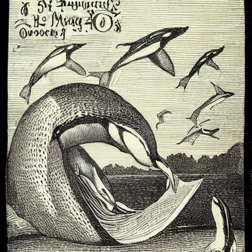 Prompt: orcas reading from a magical book, engraving from 1700s