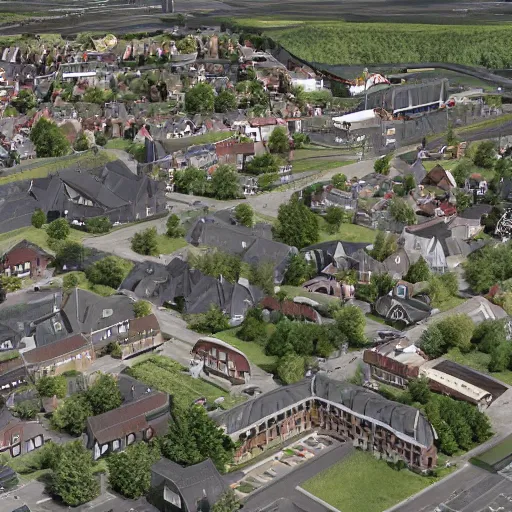 Prompt: hoogveen town center, overcast, photoreal, still from the movie batman