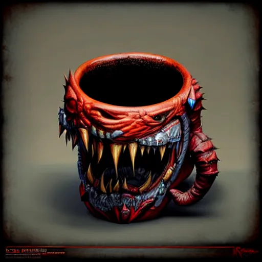 Prompt: monster mimic mug, digital art, many details, super realistic, greg rutkowski style, high quality, 8 k