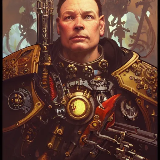 Prompt: full portrait of warhammer 4 0 k mike meyers, fantasy, d & d, intricate, detailed, by by alphonse mucha, adolfo hohenstein, alice russell glenny, stanley artgerm lau, greg rutkowski, detailed, trending on artstation, trending on artstation, smooth