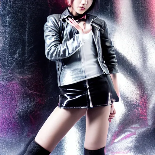 Image similar to a dynamic, epic cinematic 8K HD movie shot of a japanese beautiful cute young J-Pop idol actress yakuza rock star girl wearing leather jacket, miniskirt, nylon tights, high heels boots, gloves and jewelry. Motion, VFX, Inspirational arthouse, at Behance, with Instagram filters