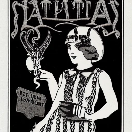 Prompt: Satanic States of America, alternate history, Goth flapper, 1920s, flapper, young woman