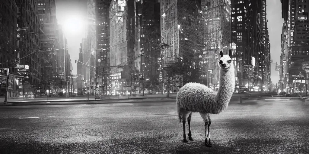 Image similar to a llama walking through a desolate manhattan city street at night, statue of liberty seen in the background, realistic 4 k octane beautifully detailed render, 4 k post - processing, highly detailed, intricate complexity, epic composition, magical atmosphere, cinematic lighting, masterpiece, ultra hd