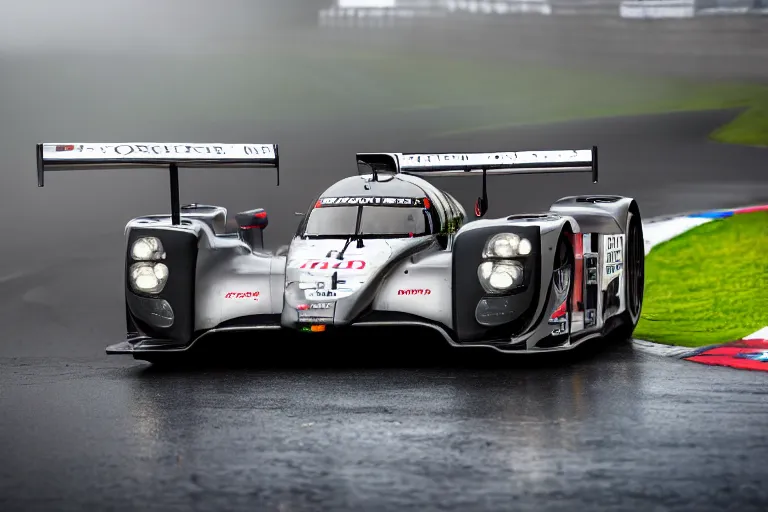 Prompt: detailed photo of the porsche 9 1 9 in heavy rain at circuit de spa - francorchamps, in the art style of nihonga
