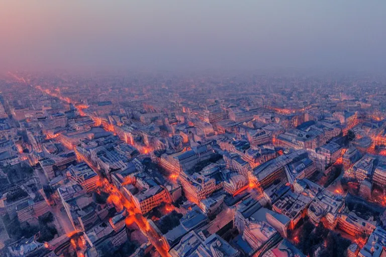 Image similar to aerial view of bucharest city sunset in winter, mist, buildings, street, people, artstation, 4k, beautiful, concept art