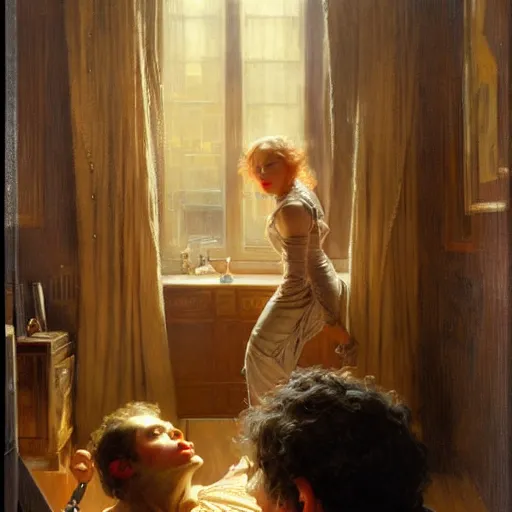 Image similar to paul rudd hiding under his bed, scared because an evil rachel mcadams is attacking him, painting by gaston bussiere, j. c. leyendecker, greg rutkowski, craig mullins 8 k