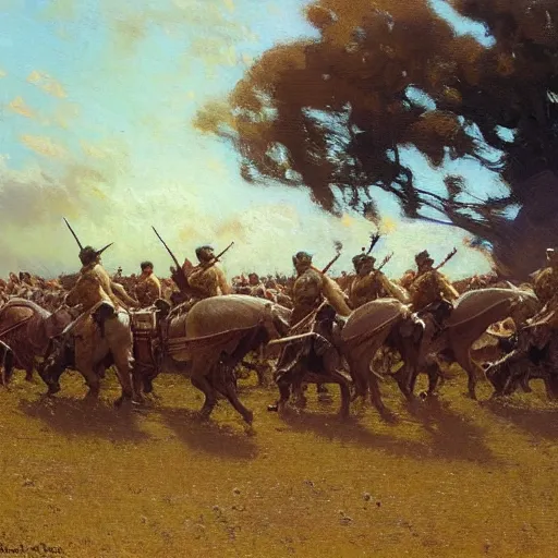 Prompt: detailed wide shot of soldiers marching in the field, spring light, painting by gaston bussiere, craig mullins, j. c. leyendecker