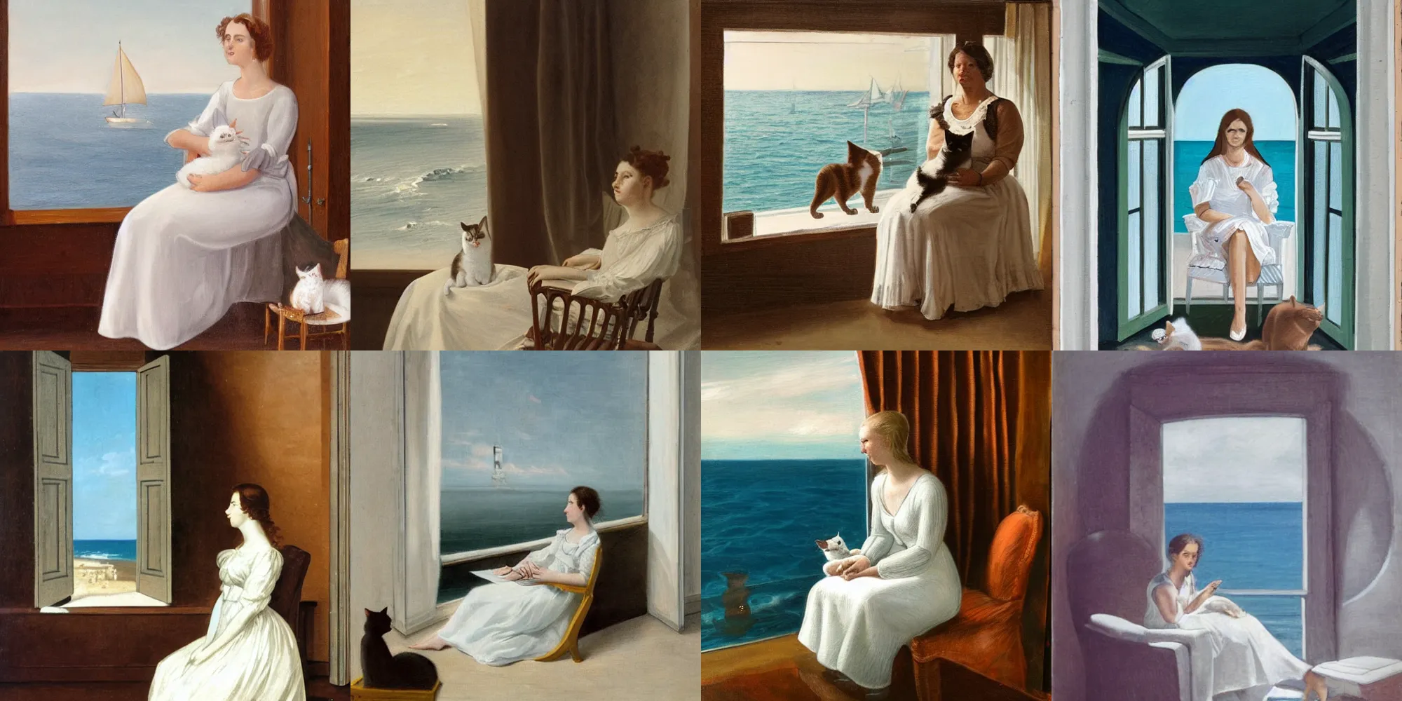 Prompt: a woman in a white dress sitting on chair with a cat on her lap in a white room in vanice, there is a window to the sea. there is a ship in the horizon.