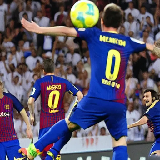 Prompt: messi scoring a bicycle kick with the real madrid shirt, the barca goalkeeper is a mole