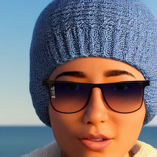 Prompt: a photorealistic photograph of a knitted cute Capybara dressed in sunglasses and a blue beanie cap. The subject is drinking a refreshing Cosmopolitan drink at the beach during sunset. The image is Trending on Artstation, featured on Behance, well-rendered, fine detail, extra crisp image, Unreal Engine, 4K HD