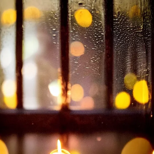 Image similar to a children photographed through a rainy window, bokeh, cinematic light, candles,