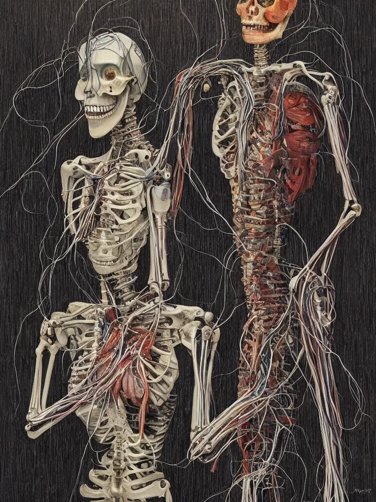 Prompt: portrait of a beautiful female android robot holding a realistic anatomical heart in her hands and crying, there are wires coming from her heart, tangled and entwined with her long flowing hair, mecha, biopunk, skeleton bones, surrounded by tropical plants, black background, painting by Dan Witz