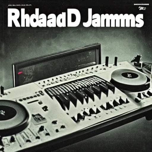 Prompt: Richard D James on the 808 drum machine, vinyl cover from 1988