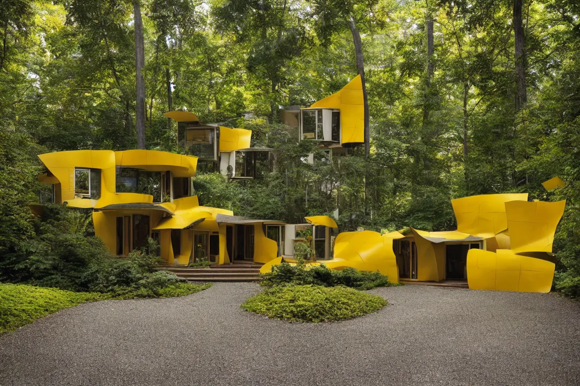 Image similar to a mid century modern house in a forest, designed by Frank Gehry. Tiles. Small gravel driveway . Film grain, cinematic, yellow hue