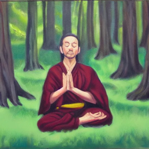 Image similar to A Jedi meditating in the forest, oil painting