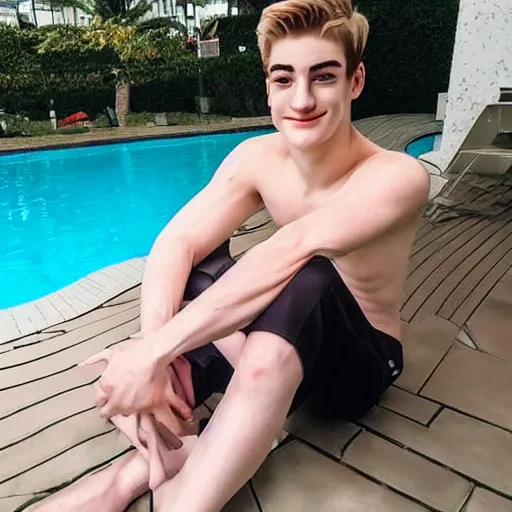 Image similar to “a realistic detailed photo of a guy who is an attractive humanoid who is half robot and half humanoid, who is a male android, twitch streamer Ninja Tyler Blevins, shiny skin, posing like a statue, blank stare, by the pool as a pool boy , display”