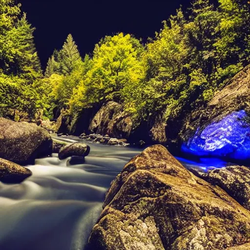 Image similar to a beautiful landscape, river, rocks, trees, iridescent lights