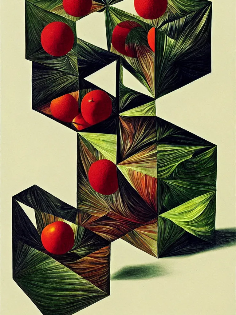 Image similar to hyperrealistic still life portrait of a tesseract, impossible shape, by caravaggio, mc escher, and yosumo okuta, botanical print, surrealism, vivid colors