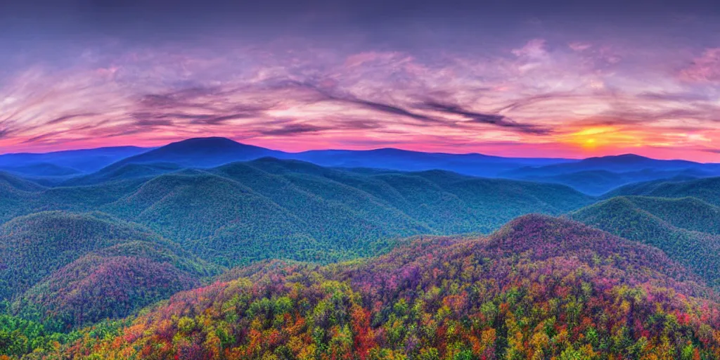 Image similar to a modern digital painting of the appalachian mountains panoramic, bright, summer, wide - angle purple hues sunset