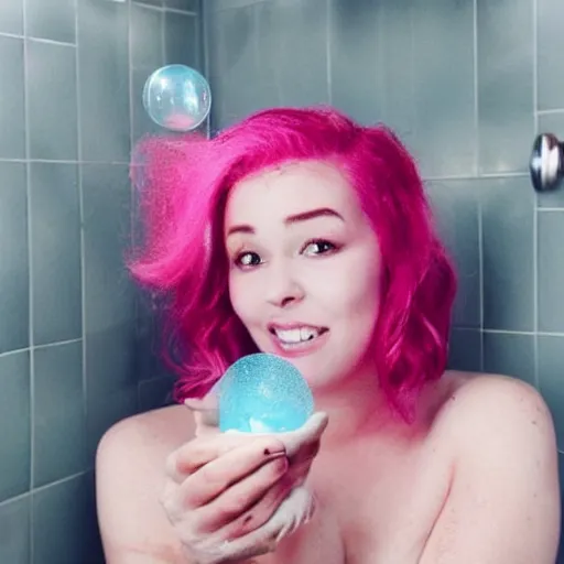 Prompt: “a woman called Berry with pink hair, taking a bubble bath”