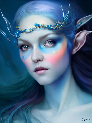 Prompt: the elven queen with blue skin by james jean, charlie bowater, tom bagshaw, nikolay makovsky, melanie delon : : enchanting, ethereal, magical, glowing, sparkle, prismatic, portrait, character design, illustration, hyperrealism, photorealism, digital art, concept art, fantasy, whimsy, weta, wlop, artstation