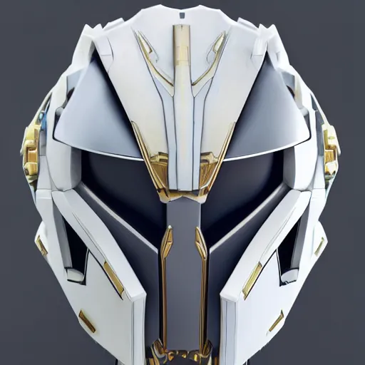 Prompt: sci fi mecha helmet, futuristic streetwear design and adornment, all white and gold, layered detail and depth, 16k resolution, highly detailed, styled by LGHT and Vittorio Bonapace, beautiful