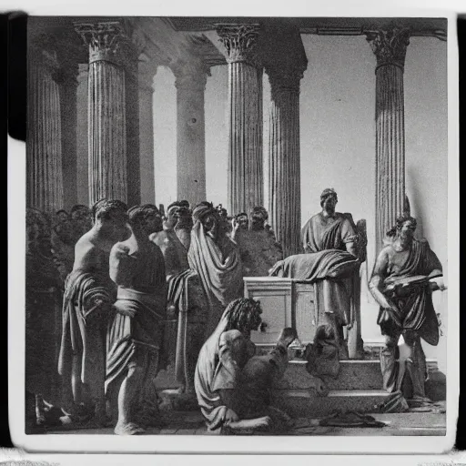 Image similar to Polaroid picture of a Roman consul during a political speech in Ancient Rome, photography, hyper detailed