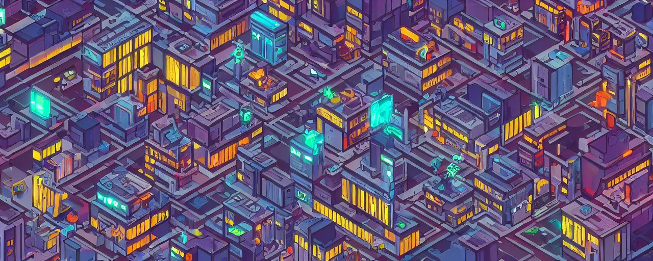 Image similar to cyberpunk isometric city scene