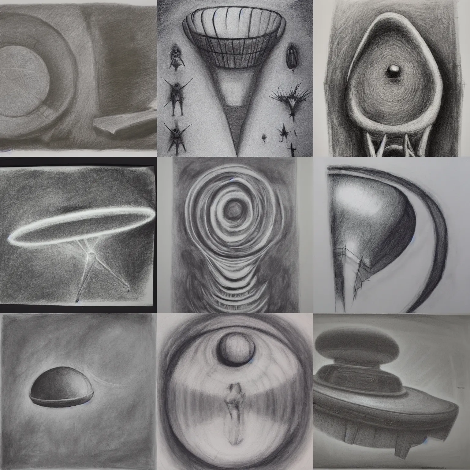 Image similar to Dimension Shift, UFO, reversal of roles, charcoal on paper