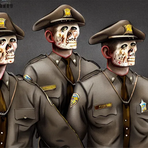 Prompt: zombie sheriffs officers tan uniform and caps in brutalist concrete office trending on artstation high detail digital painting 4 k 8 k hd