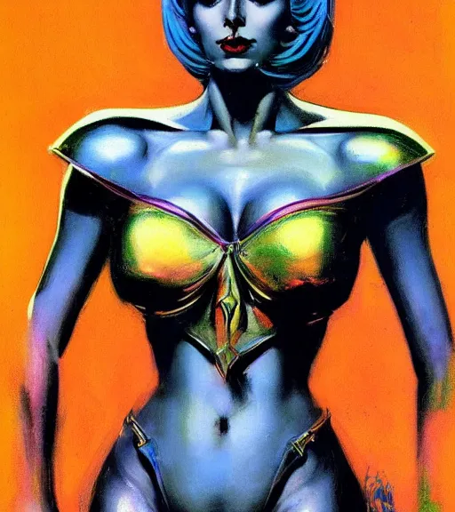 Image similar to portrait of junoesque iranian female chaos angel, beautiful! coherent! by frank frazetta, by brom, strong line, vivid neon color, shining metal power armor, iron helm, high contrast, maximalist