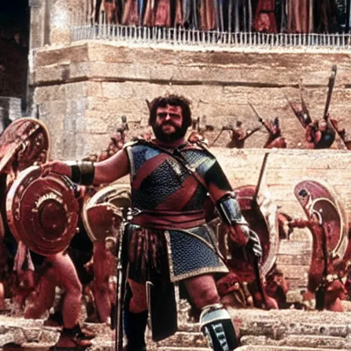 Image similar to danny devito as a roman praetorian in the streets of ancient rome, color film still