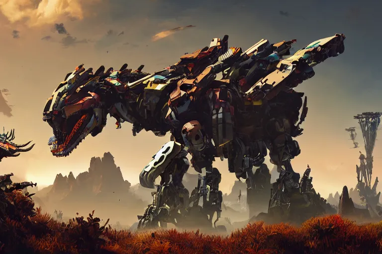 Image similar to sawtooth machine mecha animal beast robot of horizon forbidden west horizon zero dawn bioluminiscence global illumination ray tracing hdr fanart arstation by sung choi and eric pfeiffer and gabriel garza and casper konefal