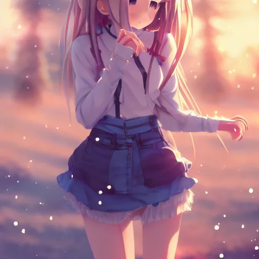 Image similar to a very beautiful anime girl, full body, long golden hair, sky blue eyes, full round face, short smile, mini jeans skirt, cute top, winter setting, cinematic lighting, medium shot, mid-shot, highly detailed, trending on Artstation, Unreal Engine 4k, cinematic wallpaper by Stanley Artgerm Lau, WLOP, Rossdraws, James Jean, Andrei Riabovitchev, Marc Simonetti, and Sakimichan