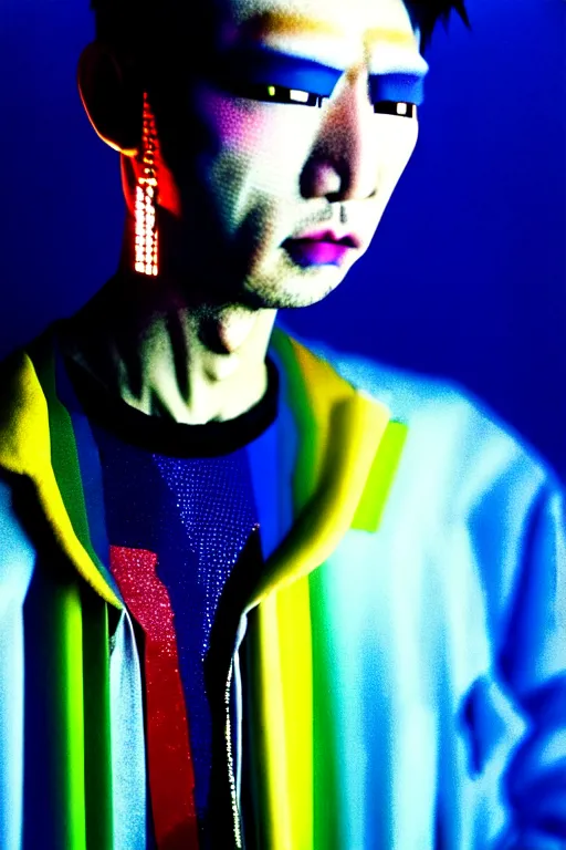 Image similar to a close - up risograph of cyberpunk japanese model men with black eyes and pretty face wearing lots of transparent and cellophane accessories, huge earrings, and queer make up, blue hour, twilight, cool, portrait, kodachrome, iso 1 2 0 0, photo by mayumi hosokura, style by moebius